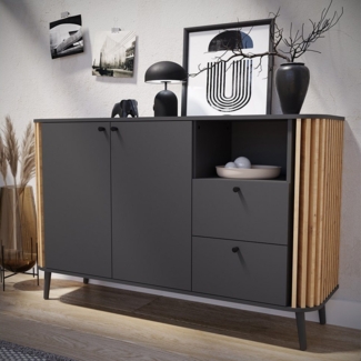 Lomadox Sideboard PONTS-158, grau Eiche Lamellen Retro Look Anrichte 138x87,5x40 cm