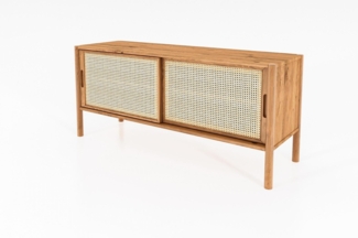 TV-Board Zola Wildeiche massiv und Rattan 142x64 cm mit 2 Schiebetüren