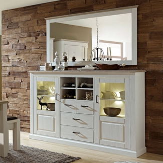 Landhaus Highboard inkl. LED mit Wandspiegel LEER-55 in Pinie weiß mit Abs. taupe, B/H/T ca. 348/204/52cm