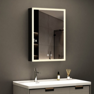 WDWRITTI Spiegelschrank Schwarz mit beleuchtung Hängeschrank 3Lichtfarben Dimmbar Anti-fog (Badezimmerspiegelschrank mit LED mit / ohnne Rasiersteckdose, Speicherfunktion, 1 türen 50x70cm, 40x60cm, Doppelseitiger Spiegel, Alu-Schranktür) Full Surround ...