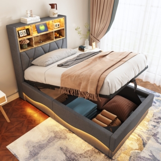 Kinderbett, hydraulischer Stauraum, APP-gesteuertes LED-Lichtband, USB-Ladeanschluss, Metall-Lattenrost, Leinenpolsterung, grau, 90 x 200 cm