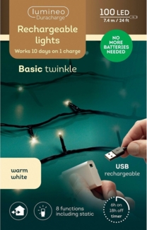 Lumineo LED-Lichterkette Lumineo Lichterkette BASIC Twinkle, 100 LED 7,4 m, warm weiß, mit USB, Indoor/Outdoor, 8 Funktionen, 6h-Timer, wiederaufladbar