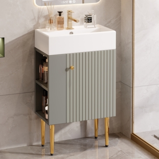Badezimmermöbel Waschbecken mit Waschtischunterschrank, 55 cm Kleine Gästebadmöbel, Holz, Hellgrau