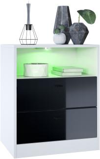 Vladon Kommode Pino V1, Nachttisch mit 2 Schubladen & 1 offenem Fach, Weiß matt/Schwarz Hochglanz mit LED RGB (56 x 67,5 x 36 cm)