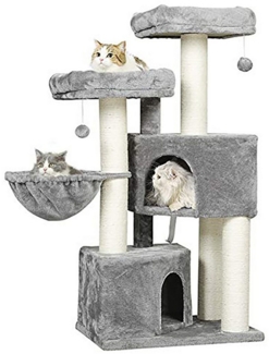 MSMASK Kratzbaum groß für Katzen stabil mit Sisal-Kratzstangen, 2 Aussichtsplattform