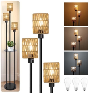 LMaxhome LED Stehlampe Boho Stehleuchte Dimmbar 3 Farbtemperatur Fußschalter 175cm mit Regal, Schwarz, mit 3 LED-Glühbirnen, Kaltweiß, Naturweiß, Warmweiß, Rattan Leselampe Wohnzimmer Schlafzimmer Büro Energiesparend Langlebig