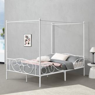 Himmelbett Finström 140x200cm Metall Bettrahmen mit Lattenrost Weiß en. casa