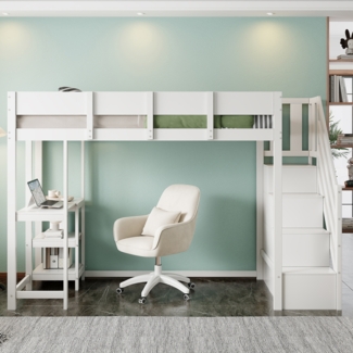 Weißes Hochbett 90x200 cm Mit Stauraumtreppe Und Ablageregal Kinderhochbett Aus Massivkiefer Sicherheitsbett Mit Schutzgeländer Platzsparendes Etagenbett Jugendzimmer Stauraum Lösung