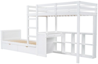 Flieks Etagenbett, Kinderbett 90x200cm mit Schreibtisch, Stauraumregale und 2 Schubladen