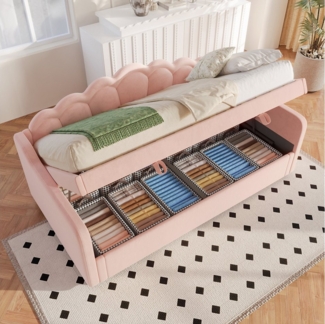 TavilaEcon Boxspringbett Schlafsofa, Hydraulisch Bett mit Stauraum, ohne Matratze, mit farbwechselbarem LED-Streifen, 90x200 cm, rosa