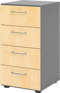 bümö smart Schubladenschrank, Büroschrank in Graphit/Ahorn mit 4 Schüben - Bürocontainer aus Holz, Container mit Metallgriffen & Soft-Stop Schubladen, 924S4-G-3-BS
