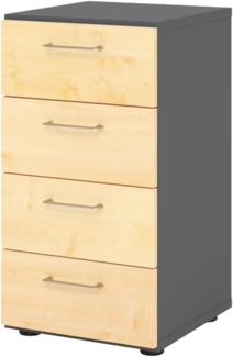 bümö smart Schubladenschrank, Büroschrank in Graphit/Ahorn mit 4 Schüben - Bürocontainer aus Holz, Container mit Metallgriffen & Soft-Stop Schubladen, 924S4-G-3-BS