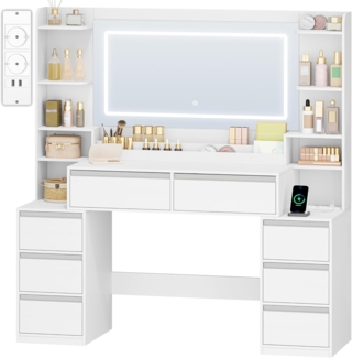 Schminktisch mit Großer Spiegel, Frisiertisch und Haartrocknerhalter, 8 Schubladen, Offenen Fächern, 40 × 135 × 145,2 cm, Moderne Weiß-Silber Schminktisch