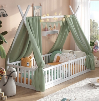 Alavya Home® Kinderbett Hausbett Bodenbett SKY SET aus Buche – FSC® 100% mit Tür & Deko (Hausbett 80x160 cm SET mit Tür, Decoration Khaki, Matratze, Rausfallschutz & Lattenrost Kinderbett 80x160), bodentiefes Jugendbett weiß massiv BUCHE für Junge Mädchen