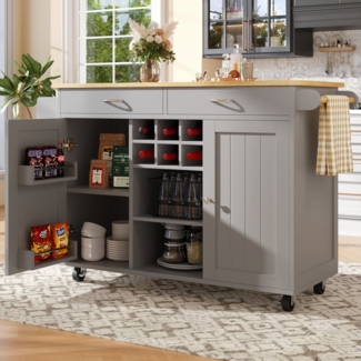 HAUSS SPOLE Kücheninsel Küchenschrank, buffetschrank, Speisewagen mit Speicherraum, Grau, (Moderne Kücheninsel mit Holzmaserung – Multifunktionaler Speisewagen, flexibler Stauraum, verstellbares Weinregal & 360° Lenkrollen – Perfekt für Küche, Esszimme...