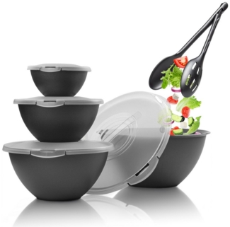 Hausfelder Salatschüssel Schüssel Set groß mit Deckel, 0,7-6 L Anthrazit Schwarz, Kunststoff, (Set, 10-tlg), Schüsseln 1x6 L, 1x3,6 L, 1x1,9 L, 1x0,7 L + Salatbesteck