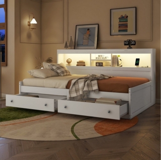 Flieks Kinderbett, LED Daybett Einzelbett 90x200cm mit Ladefunktion und 2 Schubladen