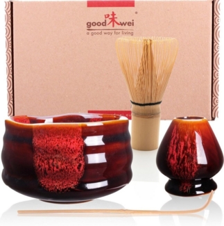 Goodwei Teeschale Matcha-Set "Akai" 80 mit Teeschale, Matchabesen und Besenhalter, 4-tlg, Keramik