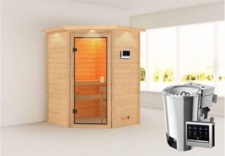 Karibu Ecksauna Antonia mit Dachkranz + 3,6kW Plug&Play BIO Kombi-Ofen externe Steuerung