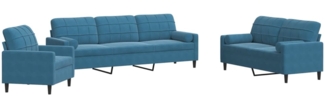 vidaXL 3-tlg. Sofagarnitur mit Kissen und Nackenrollen Blau Samt 3278460