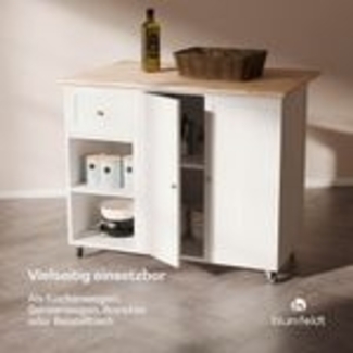 Blumfeldt Servierwagen – Küchenwagen mit Rollen, Ausziehbare Arbeitsplatte, 1 Schublade & 2 Türen, Viel Stauraum, Hostessenwagen mit Bremsen, Zeitloses Design, 106,5x49,5x89 cm