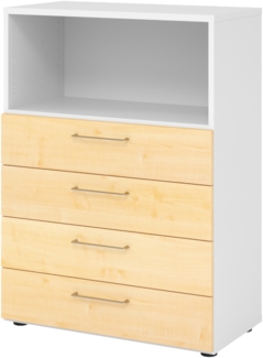 bümö smart Schubladenschrank, Büroschrank 80cm breit in Weiß/Ahorn mit 4 Schüben & 1 Regalfach - Bürocontainer aus Holz, Container mit Metallgriffen & Soft-Stop Schubladen, 938S4-W-3-BS