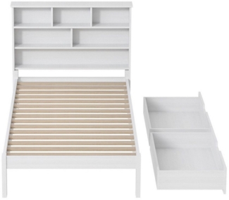 FUROKOY Holzbett Einzelbett 90x200 cm, Holzbett,Kopfteil mit Bücherregal, (Jugendbett, Funktionsbett, Bettgestell aus Holz, ohne Matratze), Kinderbett mit Schubladen, Bett mit Lattenrost und Stauraum,Weiß