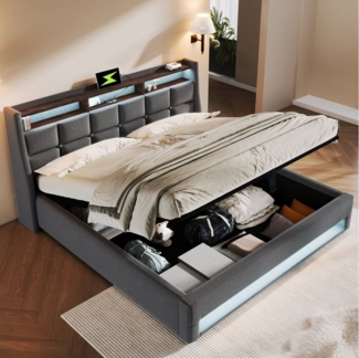 HAUSS SPOLE Polsterbett 180x200 cm mit USB, LED Doppelbett mit Lattenrost, Leinen Grau