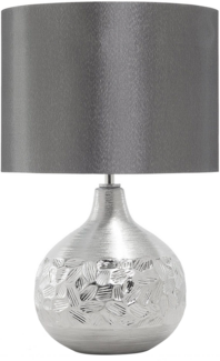 'Yakima' Tischlampe Silber geschwungener Porzellanfuß Stoffschirm Grau Kabel mit Schalter Moderner Glamouröser Stil