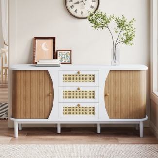 KLAM HOME Sideboard Rattankommode, Kommode mit Schiebetüren, mit verstellbaren Einlegeböden und abgerundeter Platte