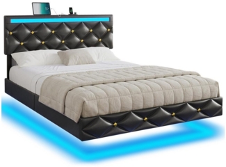 MSMASK Polsterbett Polsterbett mit USB-Aufladen und LED-Beleuchtung, Schwarz PU