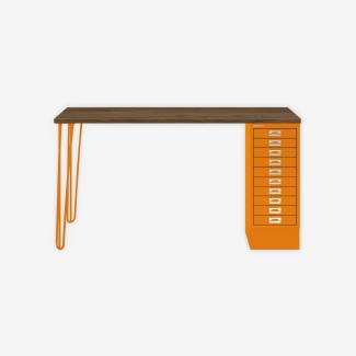 MultiDesk, 2 Stahlfüße, 1 MultiDrawer mit 10 Schüben, Dekor Nussbaum, Farbe Orange, Maße: H 740 x B 1400 x T 600 mm