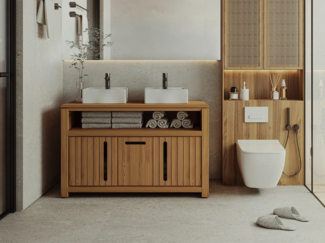 Vente-unique - Waschbeckenunterschrank aus hellem Teakholz - 120 cm - SARATOK