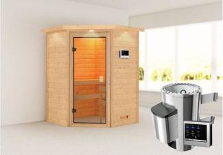 Karibu Ecksauna Antonia mit Dachkranz + 3,6kW Plug&Play Ofen externe Steuerung