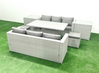 Fimous Rattan Gartenmöbel-Set 8 Sitzer mit Esstisch 2 Beistelltischen 2 kleine Fußhockern Hellgrau gemischt