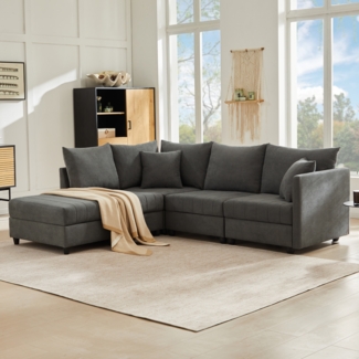Modulares Ecksofa 220 x 194 x 85 cm, 5-Sitzer in Grau mit bewegbarem Fußhocker aus Baumwoll-Leinen