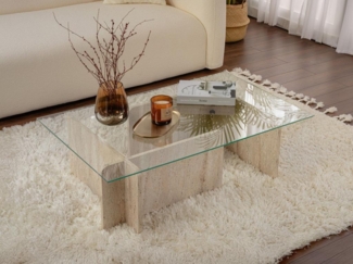 Vente-unique - Couchtisch - Sicherheitsglas - Travertin-Optik - Beige & Transparent - AZRA