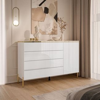 ALLHOUSE24 Kommode PEONY weiß Hochglanz Goldchrom Beine Schubladen Sideboard BERLIN, Breite 140 cm
