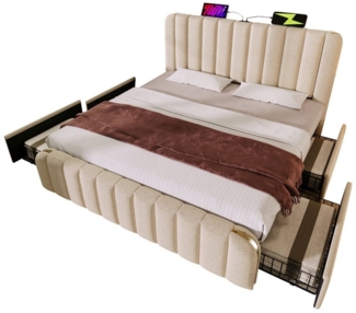Flieks Polsterbett, Doppelbett 160x200 cm mit USB/Typ-C Ladefunktion und 4 Schubladen