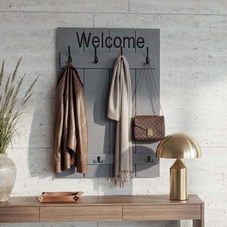 Wandgarderobe HWC-C89 Welcome, Garderobe Garderobenpaneel, Shabby-Look Vintage, 91x60cm ~ grau-blau