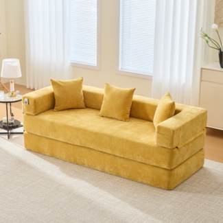 Flieks Schlafsofa Modulares 3-Sitzer Sofa mit Seitentaschen – aus Chenille, beliebig kombinierbar, Senfgelb