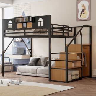 Merax Metall-Hochbett 140x200 cm, Kinderbett, Jugendbett, Mit Stauraumleiter, Fenster, Holzplatten und Netzgewebe, Ablagefläche Am Bett, Schwarz
