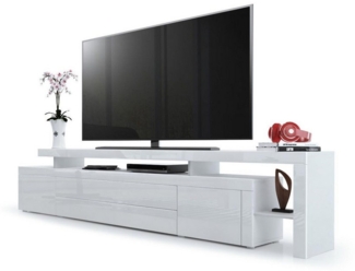 Vladon Lowboard Leon (TV-Kommode, mit zwei Türen, zwei Schubkästen und einem modernen Überbau), Weiß matt/Weiß Hochglanz/Weiß Hochglanz (227 x 52 x 35 cm)