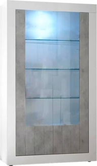 Dmora Vitrine Alabama, Glas-Sideboard, Mehrzweckvitrine, Hängendes Bücherregal mit Glastüren, Made in Italy, 110x42 h190 cm, Glänzendes Weiß undZement