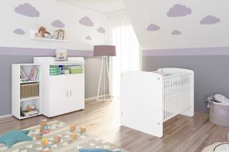 Lunis Set 2: best. aus Babybett, Kommode, Wickelaufsatz, Wandboard und Regal mit 3 Fächern