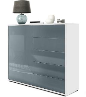 Vladon Sideboard Ben V2, Kommode mit 1 Tür und 5 Schubladen, Weiß matt/Grau Hochglanz (79 x 74 x 36 cm)