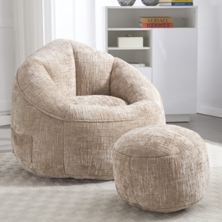 LVHOM Klassischer Sitzsack mit Hocker, Bean Bag mit Sitzpuff, Chenille Kuschelstuhl Sitzsäcke, 89 x 88 x 76 cm