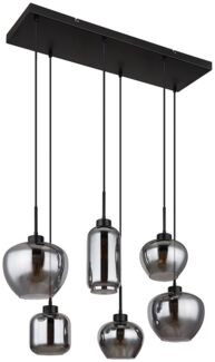 Pendelleuchte, Metall, Schwarz-matt, Glas Rauchfarbe, 6-Flammig
