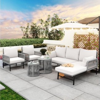 Merax Gartenlounge-Set für 6 Personen mit Eisenrahmen, (6-tlg, 2 Eckbänke, 2 Sessel, 1 Couchtisch, 1 Beistelltisch), Gartenmöbel Set Rope Lounge, Seil Balkonmöbel Set, Sitzgruppe