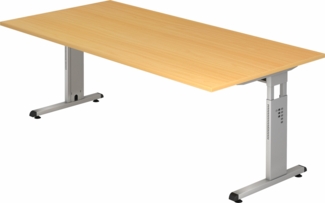 bümö höhenverstellbarer Schreibtisch O-Serie 200x100 cm in Buche, Gestell in Silber - großer PC Tisch für's Büro manuell höhenverstellbar, Computertisch verstellbar, OS-2E-6-S